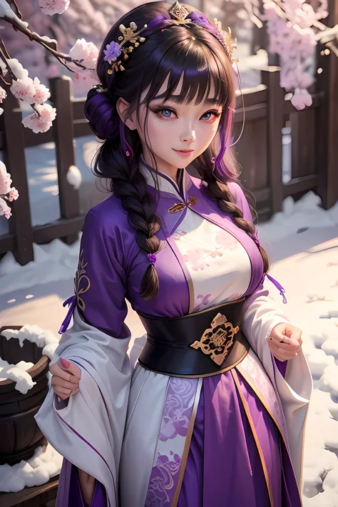 Bright purple Taoist robe, Hanfu long skirt, big eyes, masterpiece absolute beauty, 1 woman, close-up. Close-up, healing smile, snow scene, 4K picture quality, twisted braid, princess hairstyle princess cut, simple hair accessories, plum blossoms, people c...