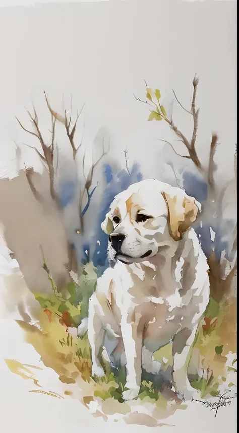 More details, wet picture effect, watercolor texture, brush strokes, watercolor painting, Tyndall effect, watercolor painting, Cute golden dog sitting on grass and looking at the camera.