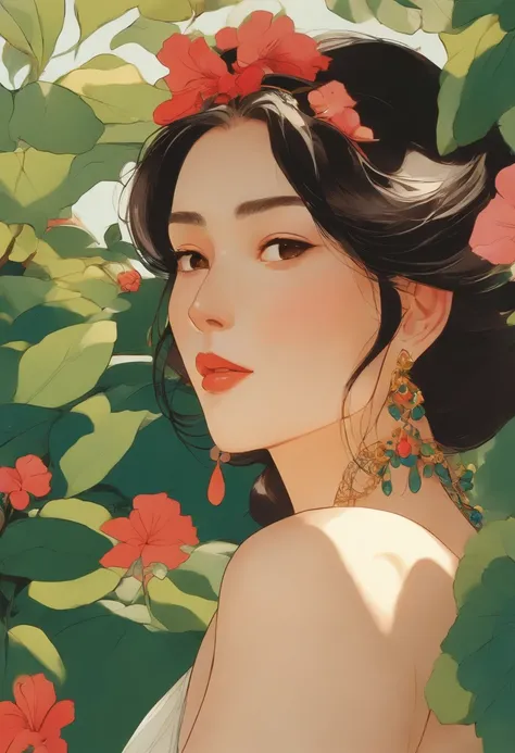 Una chica de anime Hentai, con un collar largo y pendientes, al estilo de los tranquilos jardinescabos, Colorful animation stills, Masami Teraoka, aguamarina, Paul Gauguin, Estilo Embry, Honest representation