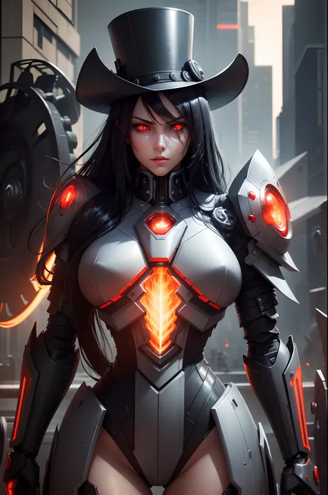 best quality, ultra-detailed, HDR, mecha female titan, long black hair, top hat, exposed machinery, glowing red eyes, strong and powerful posture, metallic armor, futuristic background, cityscape, vibrant color palette, intense lighting