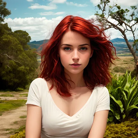 Foto HD, best quality, hiper-realista, cinematic realistic photo, innocent 20yo feminin of a girl is extraordinarily beautiful with intense HARBOR red hair, perto de insetos como borboletas e abelhas. (8k, Epic composition, fotorrealista, foco nítido), fun...