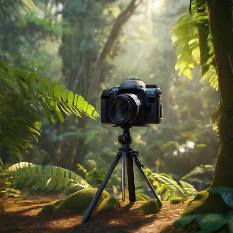 A digital camera attached to a tree in a rainforest positioned to photograph the animals passing in front of the camera.