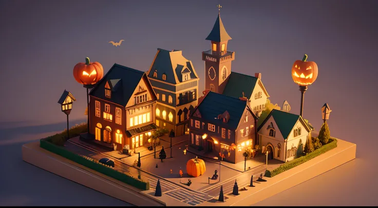 Cute 3d city isometric, halloween decoration, pixar style