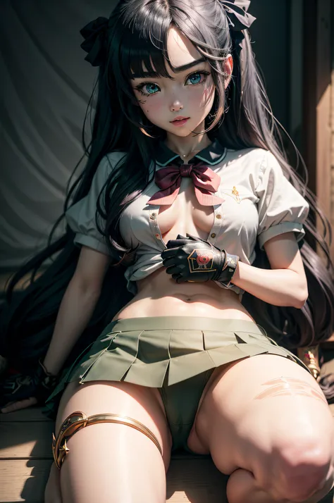 A girl in a school uniform squatted down, squatting down, The girl spread her legs, high school uniform, short skirt, The blouse is unbuttoned, You can see the underpants, little chest, Miniature figure, model figure, Slim waist, confusion, sexuality, Cute...