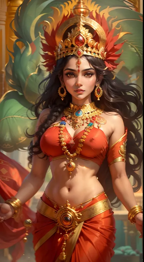 (highly detailed), (illustration), (intricate), (beautiful face), (attractive body), (complete body picture), modern indian goddess, Hinduism, (transparent red saree), (visible natural breasts), (NSFW), ((visible nipples)), sexy, dynamic pose, deity crown,...