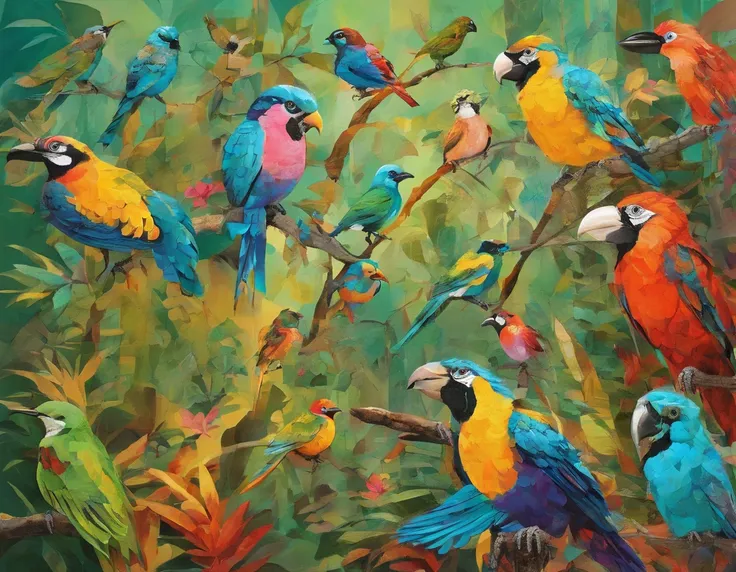 Oil painting poster of many tropical birds on the trees, different birds, colored birds.