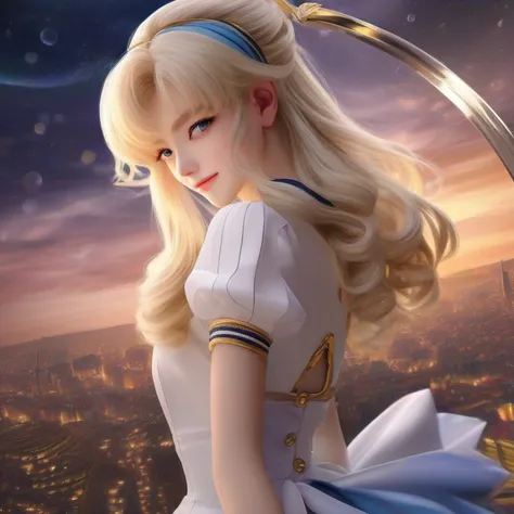 (Extreme detail CG Unity 8K wallpaper, masterpiece, highest quality), (exquisite lighting and shadow, highly dramatic picture, cinematic lens effect), (Sailor Moon: 1.1), charming smile, double tail, blue eyes, blond hair, tight top, white gloves, mini ski...