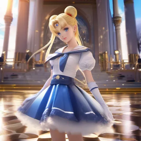 (Extreme detail CG Unity 8K wallpaper, masterpiece, highest quality), (exquisite lighting and shadow, highly dramatic picture, cinematic lens effect), (Sailor Moon: 1.1), charming smile, double tail, blue eyes, blond hair, tight top, white gloves, mini ski...