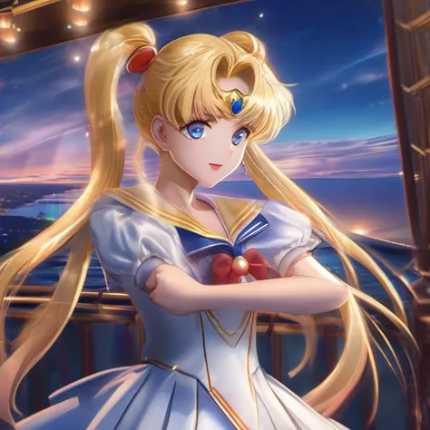 (Extreme detail CG Unity 8K wallpaper, masterpiece, highest quality), (exquisite lighting and shadow, highly dramatic picture, cinematic lens effect), (Sailor Moon: 1.1), charming smile, double tail, blue eyes, blond hair, tight top, white gloves, mini ski...