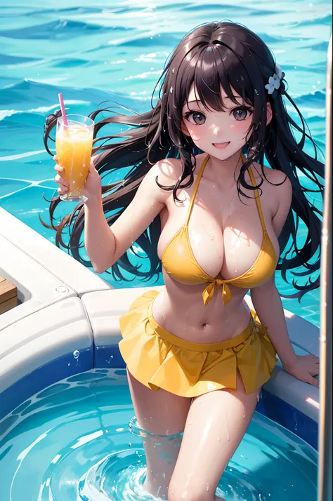 （top-quality）、Girl in swimsuit drinking juice in pool、Skirt type bikini、Wavy Hair、Sparkling eyes、huge smile、Its wet、splash water、Sunny summer days