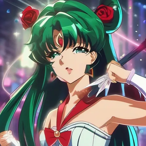 Significado moderno de anime. Angled view, Face closeup action cute portrait "sailor pluto" de Sailor Moon, cabelo longo rabo de cavalo verde, cabelo fluindo ao vento, inclinando-se para a frente, corpo magro, altamente ornamentado e detalhado "saia verde ...