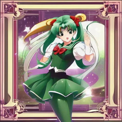 Significado moderno de anime. Angled view, Face closeup action cute portrait "sailor pluto" de Sailor Moon, cabelo longo rabo de cavalo verde, cabelo fluindo ao vento, inclinando-se para a frente, corpo magro, altamente ornamentado e detalhado "saia verde ...