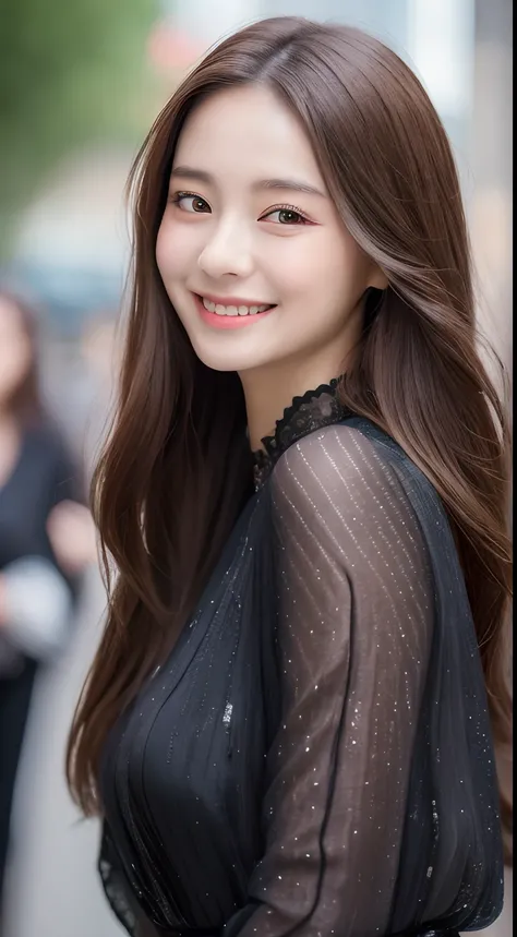 ((Best quality, 8k, Masterpiece :1.3)), 1girl, smiling, full body, slim face, Pretty woman, (Dark brown hair), full length dress :1.1, Ultra-detailed face, Detailed eyes, Double eyelid, blur background, slim face, city, outside, street,