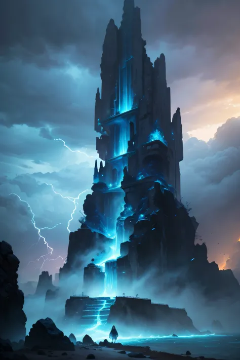 paisaje torre, derruida  por un rayo dorado, gran tempestad caen particulas doradas y azules colores suaves luz envolvente un hombre callendo y una mujer en el suelo ilustracion artstation 8k