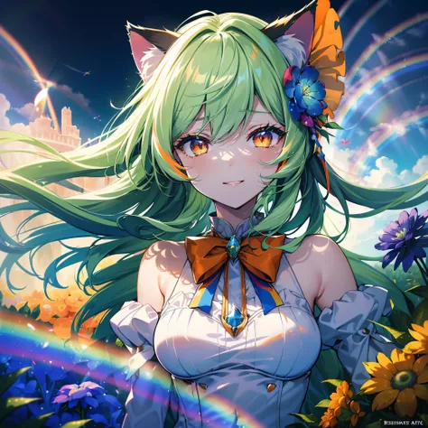 (Cats ears:1.4),(Bright green straight hair with details:1.7),straight haired,(Face Focus:1.3) (Rainbow Background:1.3),(Open your mouth and smile shyly:1.3) ,(Slim Faces:1.3),(tiny chest:1.0),(Lip close-up:1.3),(Half closed eyes:1.3), (Angel Bride Dress:1...