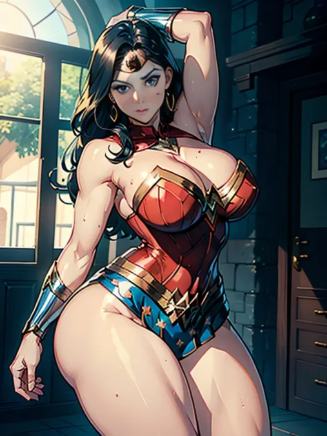 Wonder Woman, very muscular, curvy, large breasts, thick thighs, long legs, feet in frame, red leotard, blue skirt, silver cuffs, large breasts, arched back, large booty, sweaty, correct number of limbs, barefoot, long legs, symmetrically proportioned