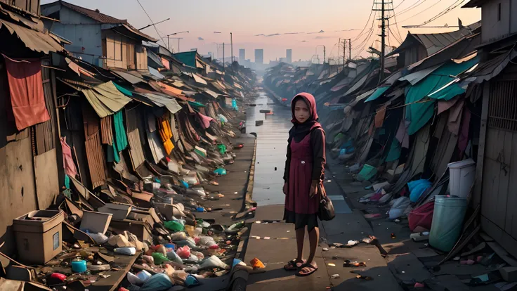 1 girl, stand at front, portrait of a collapsed area in jakarta full of garbage, trash cans, garbage, junk, plastic bag, dirty, ...