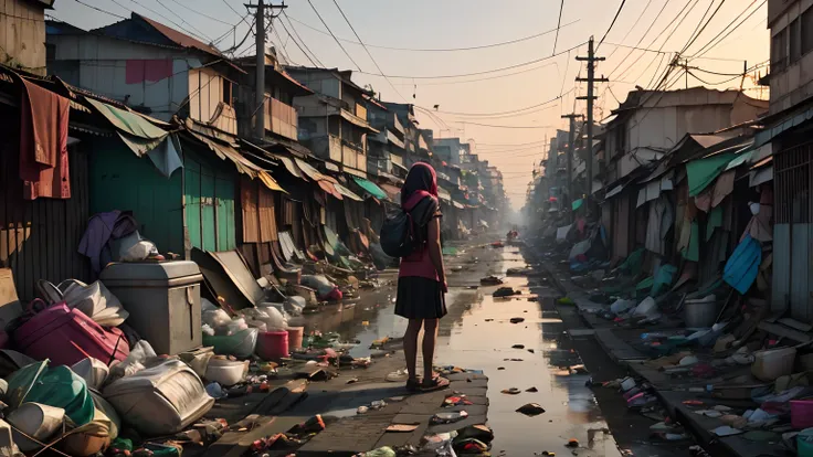 1 girl, stand at front, portrait of a collapsed area in jakarta full of garbage, trash cans, garbage, junk, plastic bag, dirty, ...