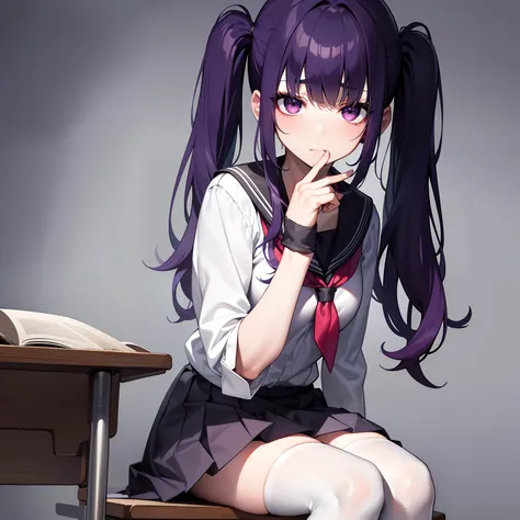 (best quality,4k,8k,highres,masterpiece:1.2),ultra-detailed,realistic,photorealistic:1.37,professional,vivid colors,sharp focus,portraits,anime,schoolgirl,twintail hair,Japanese school uniform,purple hair,colored hair,preppy style,traditional school desk,J...