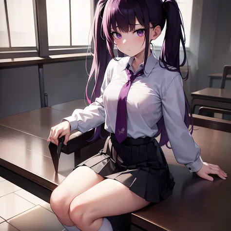 (best quality,4k,8k,highres,masterpiece:1.2),ultra-detailed,realistic,photorealistic:1.37,professional,vivid colors,sharp focus,portraits,anime,schoolgirl,twintail hair,Japanese school uniform,purple hair,colored hair,preppy style,traditional school desk,J...