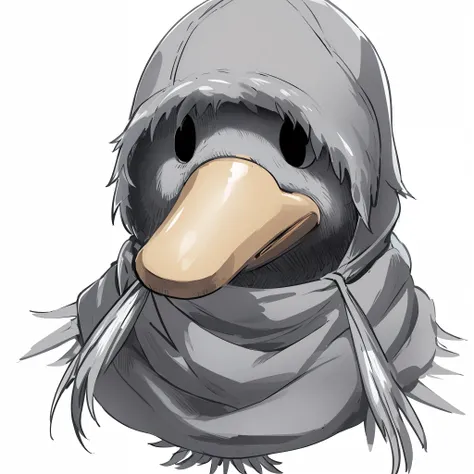 There is a cartoon bird wearing a hood and scarf, Kenku, bird head, robot duck concept portrait, sentient bird, retrato conceito do pato da fantasia, mecha anthropomorphic penguin, Tsukasa Dokite, humanoid feathered head, bird mask, crow head, anthropomorp...