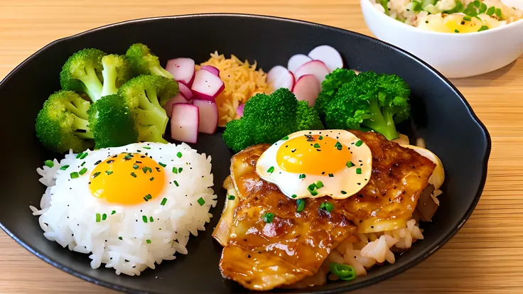 High quality, high resolution, donburi, omelettes, braised pork, diced radish, beans, rice, broccoli