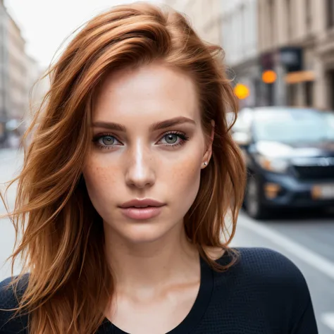 a photo of a seductive woman with loose styled redhead hair, symmetric eyes, posing in the city, bored, she is wearing t-shirt a...