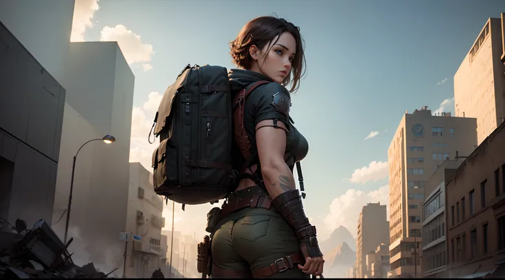 ADVENTURER ON THE BACK, BUST ONLY, BACKPACK ON THE BACK, WITH WEAPONS IN THE BACKPACK, REALISTIC COLORS, VERY DETAILED, MOBILE GAME, BEAUTIFUL LANDSCAPE, DESTROYED CITY IN THE FRONT, APOCALYPTICAL, FEW PEOPLE, HIGH RESOLUTION