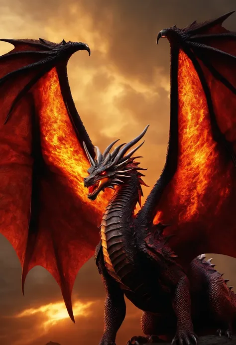 Large dragon with huge bat claws and wings with scales all over its body and flaming horns