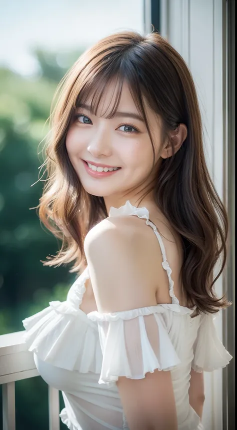 Enhanced dynamic perspective，Cute cute beautiful girl，((Ruffled White Cotton Off-Shoulder Tops))、Short pants、Look at me and smile，simple backgound，Works of masters，high quarity，4K resolution，super-fine，Detailed pubic hair，acurate，Cinematic lighting，Leaves ...