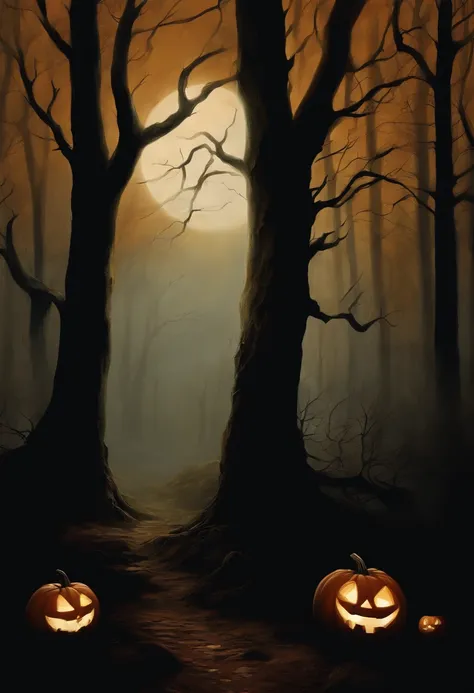 (best quality, highres, oil painting:1.2), dark forest, pumpkin with a carved face, foggy atmosphere, gloomy hollow, moonlit shadows, mysterious glow, eerie ambiance, hauntingly beautiful landscape, detailed textures, twisted branches, vibrant colors, chil...