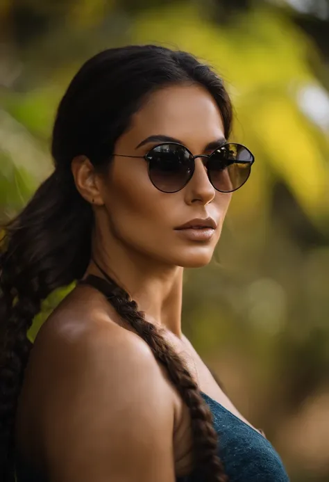 Femme Colombienne, cheveux long noir , style Lara Croft avec des lunette de soleil ronde