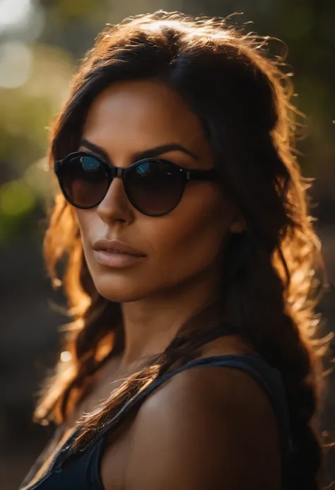 Femme Colombienne, cheveux long noir , style Lara Croft avec des lunette de soleil ronde