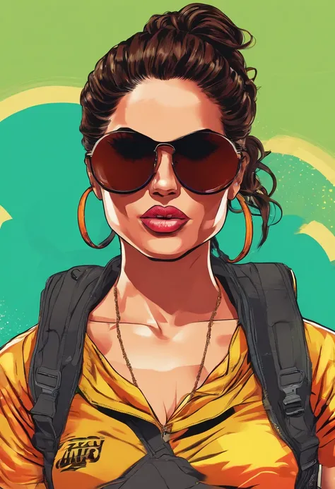 Femme Colombienne, cheveux long noir , style Lara Croft avec des lunette de soleil ronde