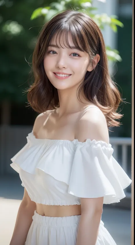 Enhanced dynamic perspective，Cute cute beautiful girl，((Ruffled White Cotton Off-Shoulder Tops))、Short pants、Look at me and smile，simple backgound，Works of masters，high quarity，4K resolution，super-fine，Detailed pubic hair，acurate，Cinematic lighting，Leaves ...