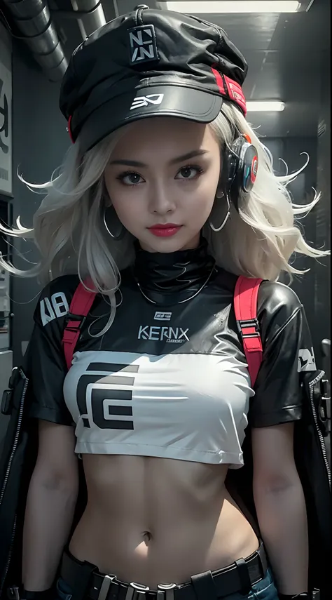 photorealistic, a beautiful woman with medium hair, wearing a cap that has the phrase "kenkaflix" and headphone,
- Shes wearing short, stylish cyberpunk-style outfits, with a shirt that has the phrase "Kenkaflix" written on it.
- The shirt is predominantly...