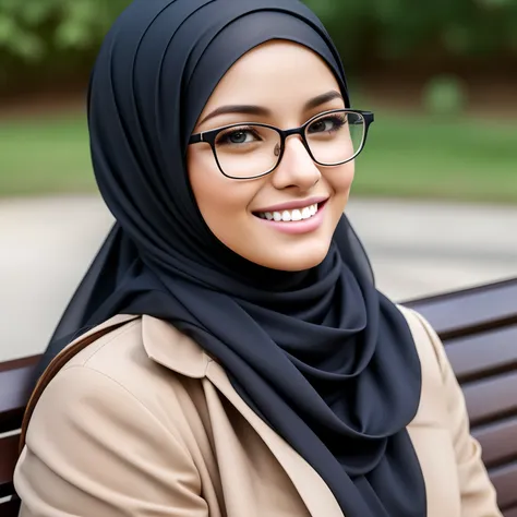 ultra realistic,16k, enhanced quality, perfect face, perfect hands, perfect body, ultra detailed,1girl, perfect hair, girl wearing glasses, perfect glasses, perfect smile, ultra realistic, ultra realistic background, sitting on a bench, ultra realistic gir...