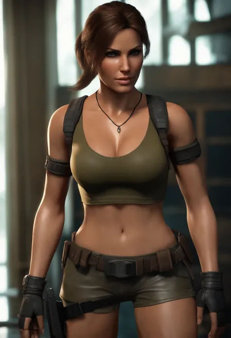 Lara Croft, (Best quality, 4k, Masterpiece, big breasts, sweat, nipples), Muscle thighs, ideal body,  shorts, detailed fingers, beautiful hands, hyper-realistic