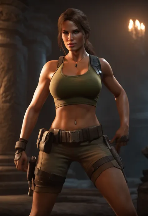 Lara Croft, (Best quality, 4k, Masterpiece, sweat, nipples), muscular thighs, ideal body, giant breasts, shorts, detailed fingers, beautiful hands, hyper-realistic