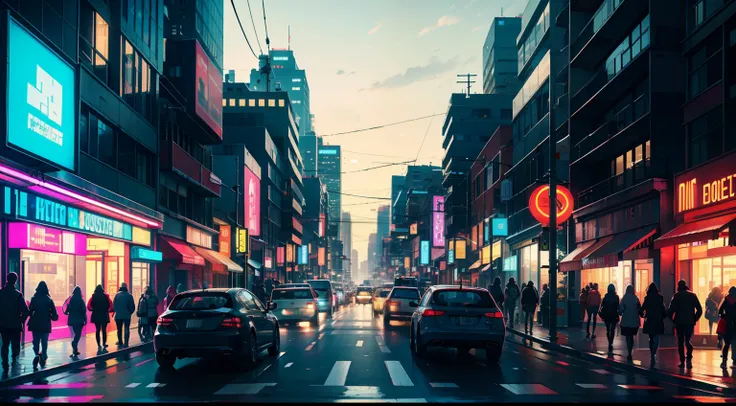 Future city streets，Buildings，neonlight，Pedestrians on the road，Bustling streetscape