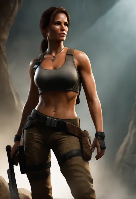 Lara Croft, sweat: 2, (Best quality, 4k, Masterpiece), Muscle thighs, ideal body, big breasts, shorts, detailed fingers, beautiful hands, hyper-realistic