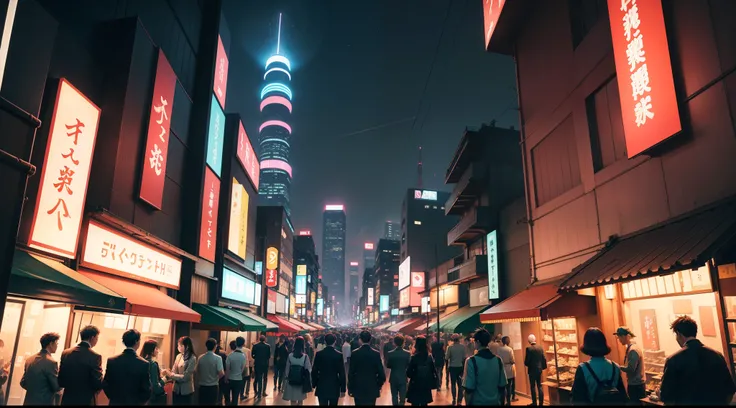 Create vibrant and aesthetically pleasing AI-generated anime art, Depicting vast modern Japanese cityscapes. The focus is on hilarious scenes, Countless detailed groups of people in it act in an urban environment. The city will feature futuristic architect...