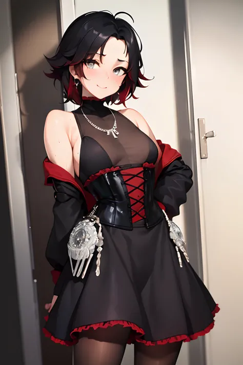 (Masterpiece, Best Quality:1.2), Cowboy shot, age regression, short, 1girl,black colored hair,short hair, smile, closed mouth, looking a viewer,black shirt,corset,long black pleated skirt, pantyhose,red cloak, Jewelry, necklace, earrings, small-breasts, sl...