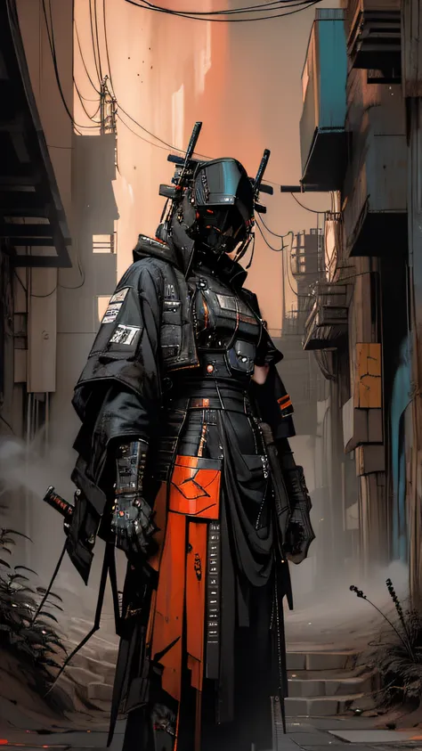 derpd, lethal geisha cyborg assassin wearing hooded kimono & armor, futuristic ski sunglasses, danger, red-yellow sky, post apoc...