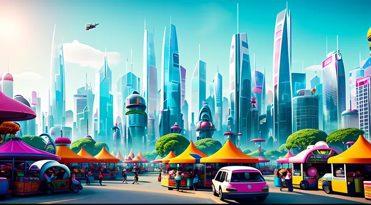 A bustling futuristic cityscape with floating skyscrapers and hovercars zooming between them. In the center of the city is a massive outdoor marketplace, filled with colorful stalls selling a wide variety of bizarre alien goods. The overall tone is lighthe...