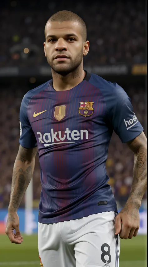 An average photo of Daniel Alves in a Barcelona shirt, looking-into-camera, Realistic details, foto tirada com uma Nikon D850, perfeitamente iluminado, uma profundidade de campo rasa