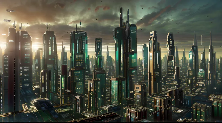 ((a cityscape view of a futuristic sci fi mega sprawling city)), ominous, dystopian city, masterpiece, 4k resolution, (flawless ...