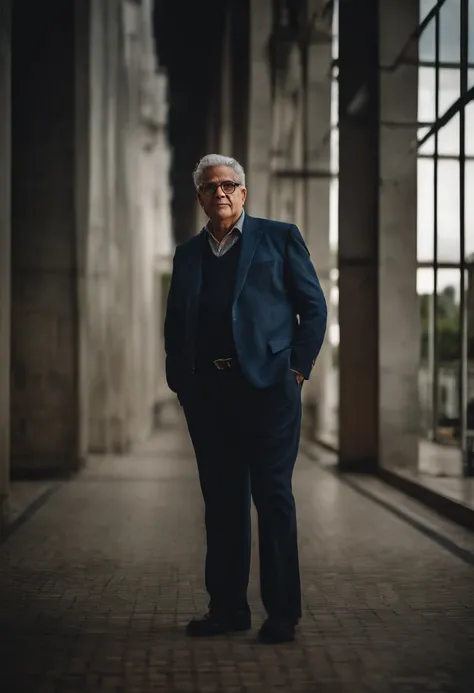 Portrait of a fat Brazilian gentleman of 170cm in height, 55 years old, with glasses and gray hair, showing great tranquility in seeing in the background the building with 7 floors being consumed in fire