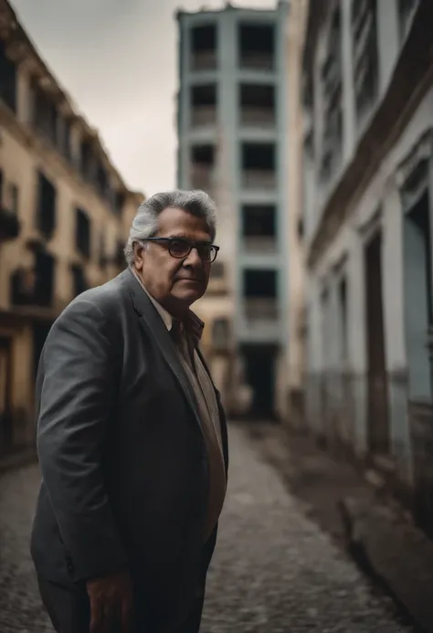 Portrait of a fat Brazilian gentleman of 170cm in height, 55 years old, with glasses and gray hair, showing great tranquility in seeing in the background the building with 7 floors being consumed in fire