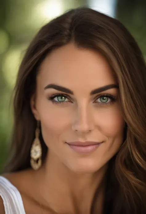 Arafed woman with a white tank top and necklace, fille sexy aux yeux verts, Portrait kate middleton, cheveux bruns et grands yeux, selfie of a young woman, Yeux de chambre, Violet Myers, sans maquillage, maquillage naturel, looking straight at camera, Visa...